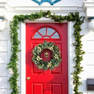 Decorative eucalyptus berry wreath hanging on a classic red front door for home decor