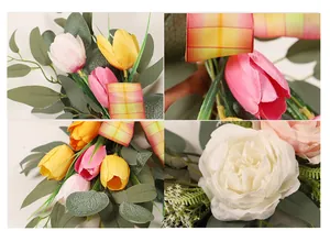 Detailed close-up views of artificial tulip and rose wedding welcome sign floral arrangement