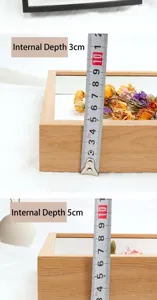 Detailweergave houten schaduwboxframe met 3 cm en 5 cm holle diepte voor DIY-specimens.