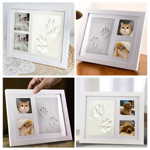 White wooden DIY photo frame kit for baby and pet paw print keepsakes with clay impressions