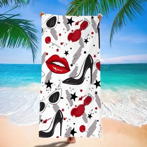 Quick-dry microfiber beach towel featuring stylish high heels and red lips fashion pattern