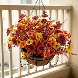 Detailed view of artificial flowers in a rustic coconut palm fiber hanging basket.