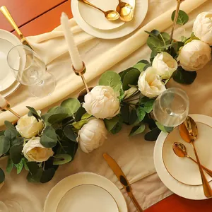 Realistic artificial peony and eucalyptus flower garland for wedding table decoration