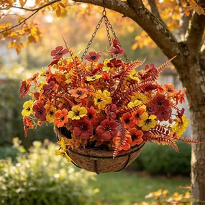 Detail of autumn-toned artificial violets in a hanging coco liner basket.