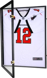Detailed view of a professional black jersey display case with an open glass door