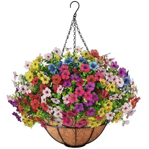 Detailed macro view of a colorful artificial flower hanging basket with coco coir liner.