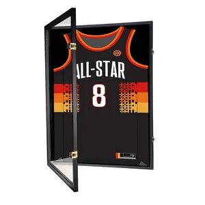 Premium black wood jersey display case frame with glass door and gold hinges for wall mount