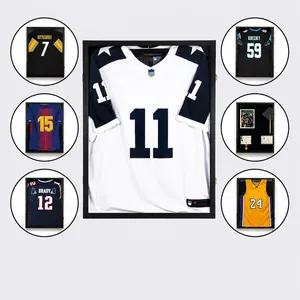 Large black wooden jersey display case for professional sports shirts and memorabilia collection
