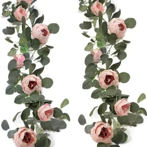 Artificial Peony Eucalyptus Flower Vine Garland Faux Silk Peony Green Leaves Hanging Plant For Wedding Party Home Decor Wall Decoration