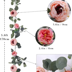 Artificial pink peony and eucalyptus leaf garland, 5.6ft long wedding decoration