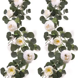 White artificial peony garland with eucalyptus leaves for wedding home decor