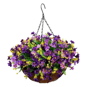 Close-up detail of artificial purple violet hanging basket with a coco fiber liner