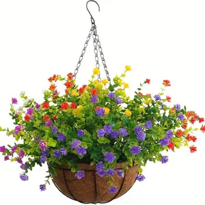 Detailed view of colorful artificial violet flowers in a hanging coconut fiber basket