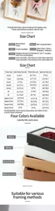 Detail view of 3D shadow box frame dimensions and available colors for flower display