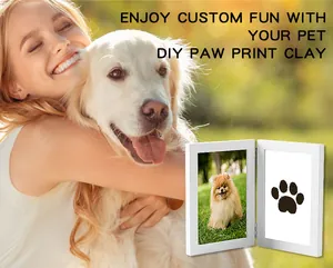 Detailed view of DIY pet paw print memorial frame with sample photo and print