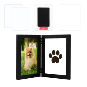 Clean-touch pet paw print ink pad kit and black double picture frame for dog or cat memorial
