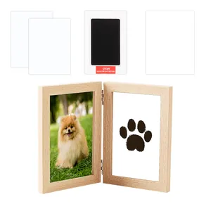 Wooden double frame pet paw print keepsake kit including a clean-touch ink pad and cards