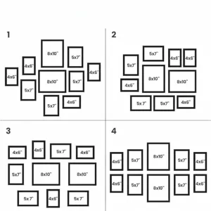 Illustration von vier Wandgalerie-Layout-Vorlagen mit gemischten Rahmenkapazitäten