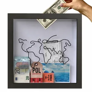 Square black wooden travel shadow box with world map wire for tickets and savings