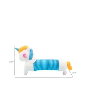 Cute unicorn pop tube fidget toy with flexible blue stretchable body for stress relief