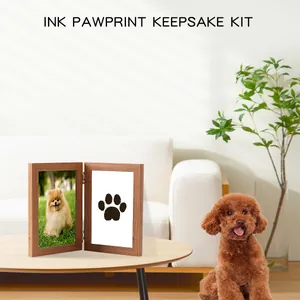 Wooden pet ink pawprint keepsake photo frame kit with ink pad for dogs and cats memory