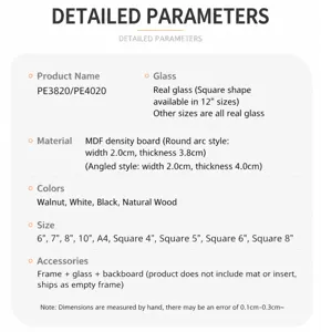 Detailed specifications table for wooden shadow box frame listing materials and sizes