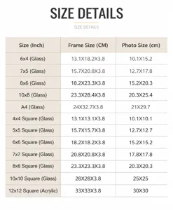 Comprehensive dimensions and size chart for shadow box frames with glass front panel
