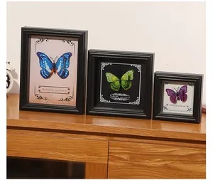 Detailed view of three black wooden shadow box frames displaying colorful butterfly specimens