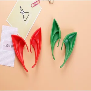 Detailed view of pointed elf ears in red and green colors for Halloween cosplay costumes.