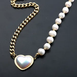 Spliced heart pendant necklace with freshwater pearls and golden titanium steel chain