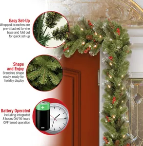 Detailed view of pre-lit Christmas garland with pinecones, berries and timer function
