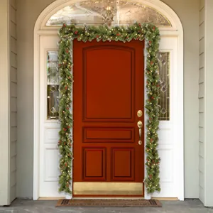 Pre-lit Christmas garland with pinecones and red berries decorating a front door
