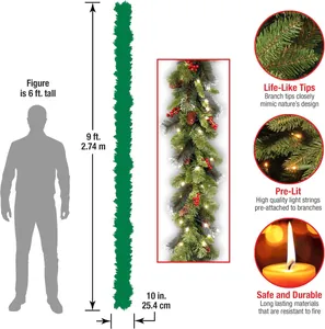 9ft pre-lit Christmas garland with pine cones and berries, includes human scale for size