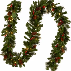 LED Christmas Garland Rattan With Pine Cones Red Berries For Stair Mantle Front Door Home Holiday Festive Decoration