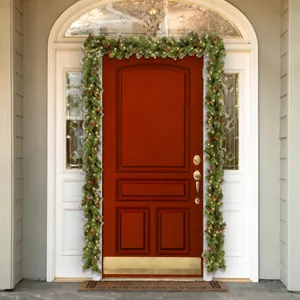 Pre-lit Christmas pinecone garland wreath with red berries for festive front door decor