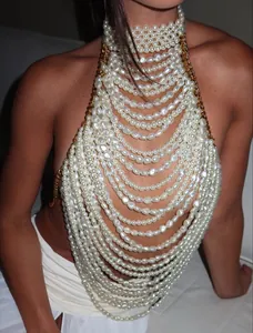 Elegant handcrafted multi-layer pearl halter vest body chain for women party fashion wear