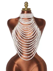 Detailed view of elegant handmade multi-layered pearl halter body chain evening top accessory