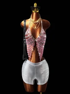 Handgemaakte lichaamsketting met roze kristallen franjes en glanzende strass voor festivals