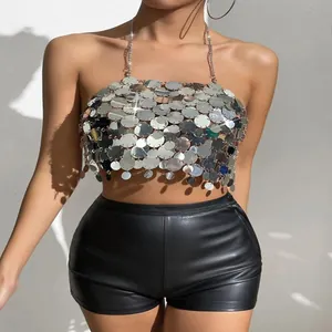 Exquisito top corto sexy de lentejuelas de acrílico plateado para mujer ropa de fiesta club