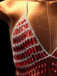 Close-up van rode kristallen kwastjes lichaamsketting met zilveren schakels voor raves
