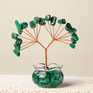 Albero della vita in cristallo verde fatto a mano con rami in rame e vaso di vetro
