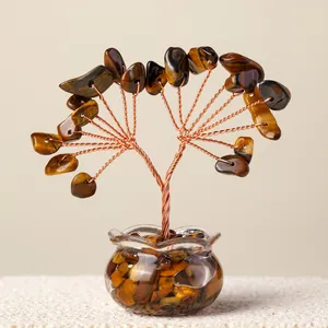 Albero dei soldi in cristallo occhio di tigre naturale con rami in rame e base in vetro