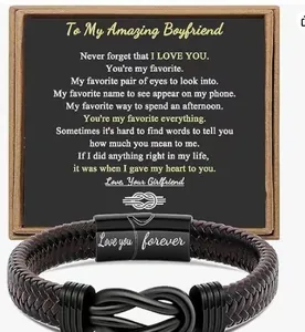 Bracciale in pelle intrecciata da uomo con chiusura magnetica e biglietto regalo fidanzato.