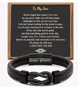 Bracciale in pelle intrecciata da uomo con nodo infinito e cartolina regalo 'A mio figlio'