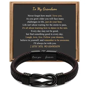 Bracciale da Uomo in Pelle Intrecciata a Mano con Chiusura Magnetica in Acciaio Inossidabile Nodo dell'Infinito Inciso Set Confezione Regalo