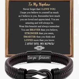 Bracciale in pelle nera intrecciata per nipote con chiusura magnetica incisa e regalo