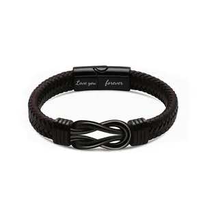 Bracciale da uomo in pelle intrecciata con nodo infinito e chiusura magnetica incisa per sempre
