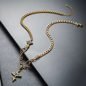 Hip-Hop Gold Titanstahl Kreuzhalskette mit geschichteter Kette für Herren und Damen