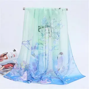 Detailed view of chiffon scarf with elegant magpie and floral prints in mint and blue