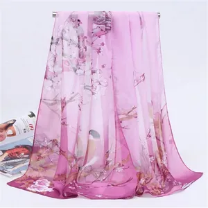Detailed view of elegant pink chiffon scarf featuring traditional floral and bird prints